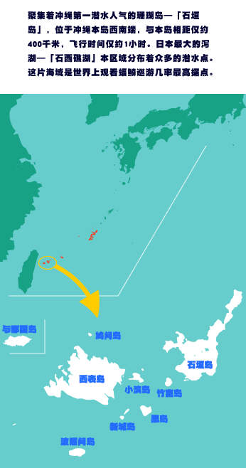 聚集着冲绳第一潜水人气的珊瑚岛—「石垣岛」，位于冲绳本岛西南端，与本岛相距仅约400千米，飞行时间仅约1小时。日本最大的泻湖—「石西礁湖」本区域分布着众多的潜水点。这片海域是世界上观看蝠鲼巡游几率最高据点。