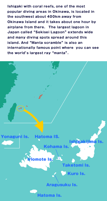 Ishigaki with coral reefs, one of the most popular diving areas in Okinawa, is located in the southwest about 400km away from  Okinawa Island and it takes about one hour by airplane from there.　The largest lagoon in Japan called“Sekisei Lagoon” extends wide and many diving spots spread around this island. And “Manta scramble” is also an  internationally famous point where  you can see the world's largest ray 