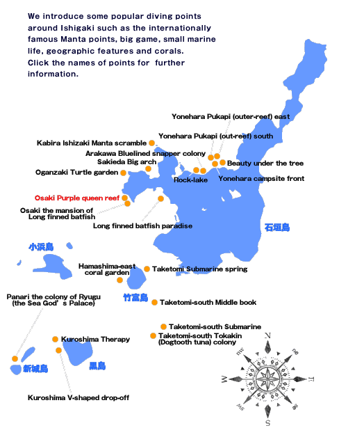We introduce some popular diving points around Ishigaki such as the internationally famous Manta points, big game, small marine life, geographic features and corals. Click the names of points for  further information.